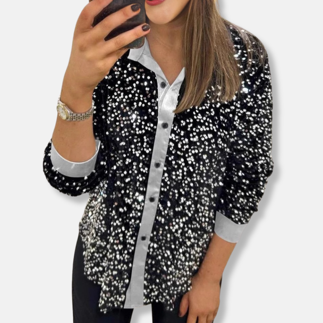 Women's silver sequin button-up shirt relaxed fit long sleeve party glam top