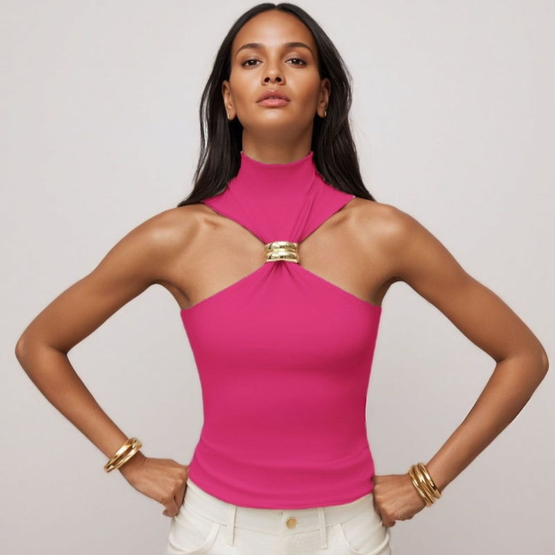 Women's skin-tracing beige stretch knit tank top with gold-tone ring hardware accent