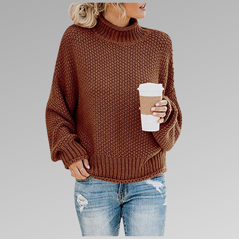 Women's high neck knit pullover sweater in solid orange cozy long-sleeve polyester fall winter style