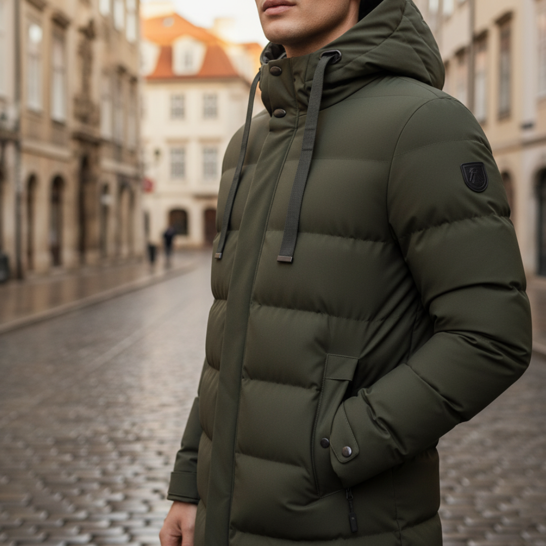 Men's mid-length quilted down jacket with adjustable hood in green gray or black for cold weather