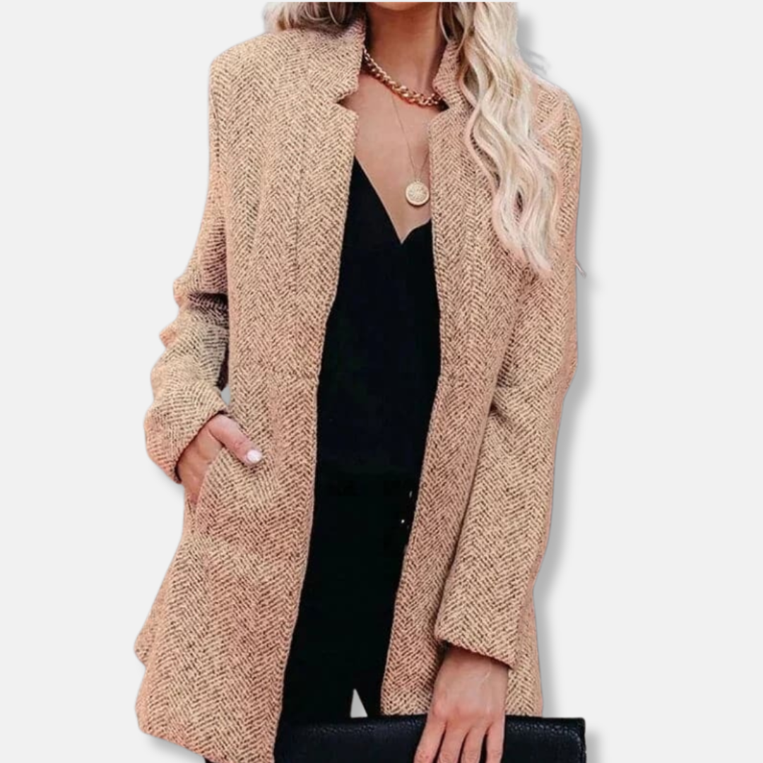 Women's herringbone longline blazer tailored fit stand collar with pockets office-ready style