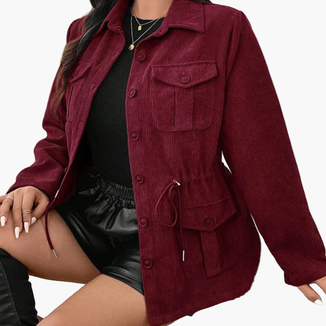 Women's corduroy jacket with adjustable waist drawstring, button closure, functional pockets, modern everyday fit