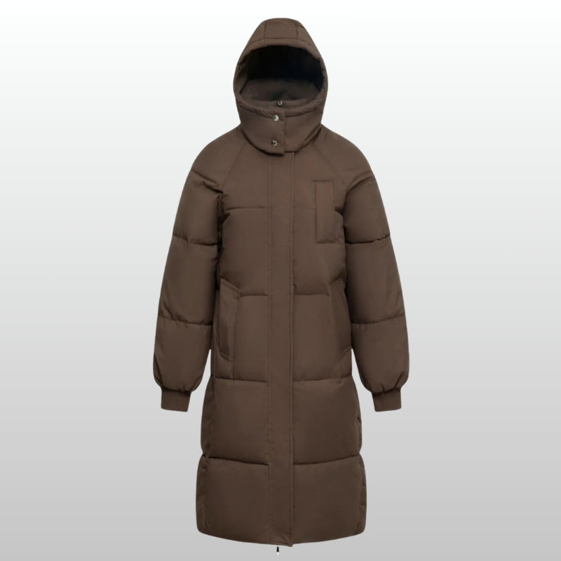 Women's long puffer jacket water-repellent fleece-lined pockets flattering winter silhouette