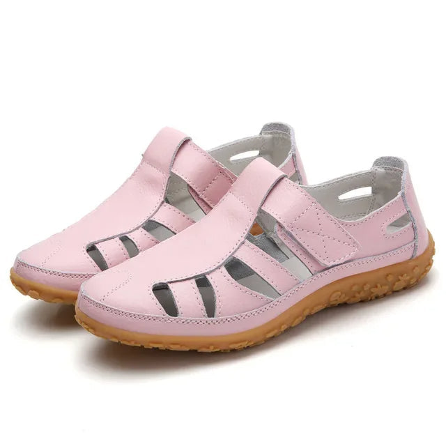 Women's beige casual leather sandals with velcro strap, cushioned EVA sole, sneaker-inspired summer style