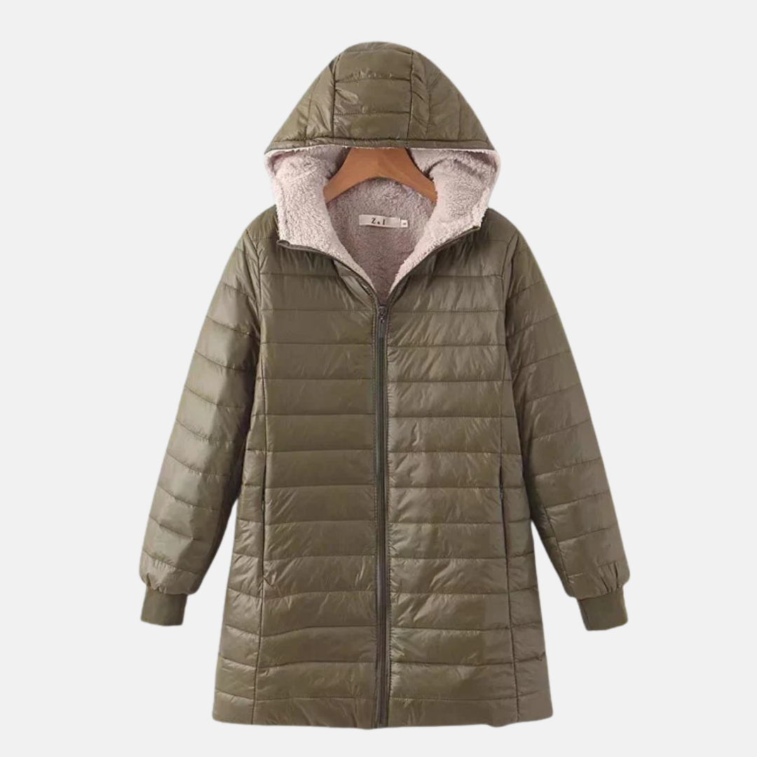 Women's mid-length quilted coat hooded insulated fleece-lined with ribbed cuffs for everyday warmth