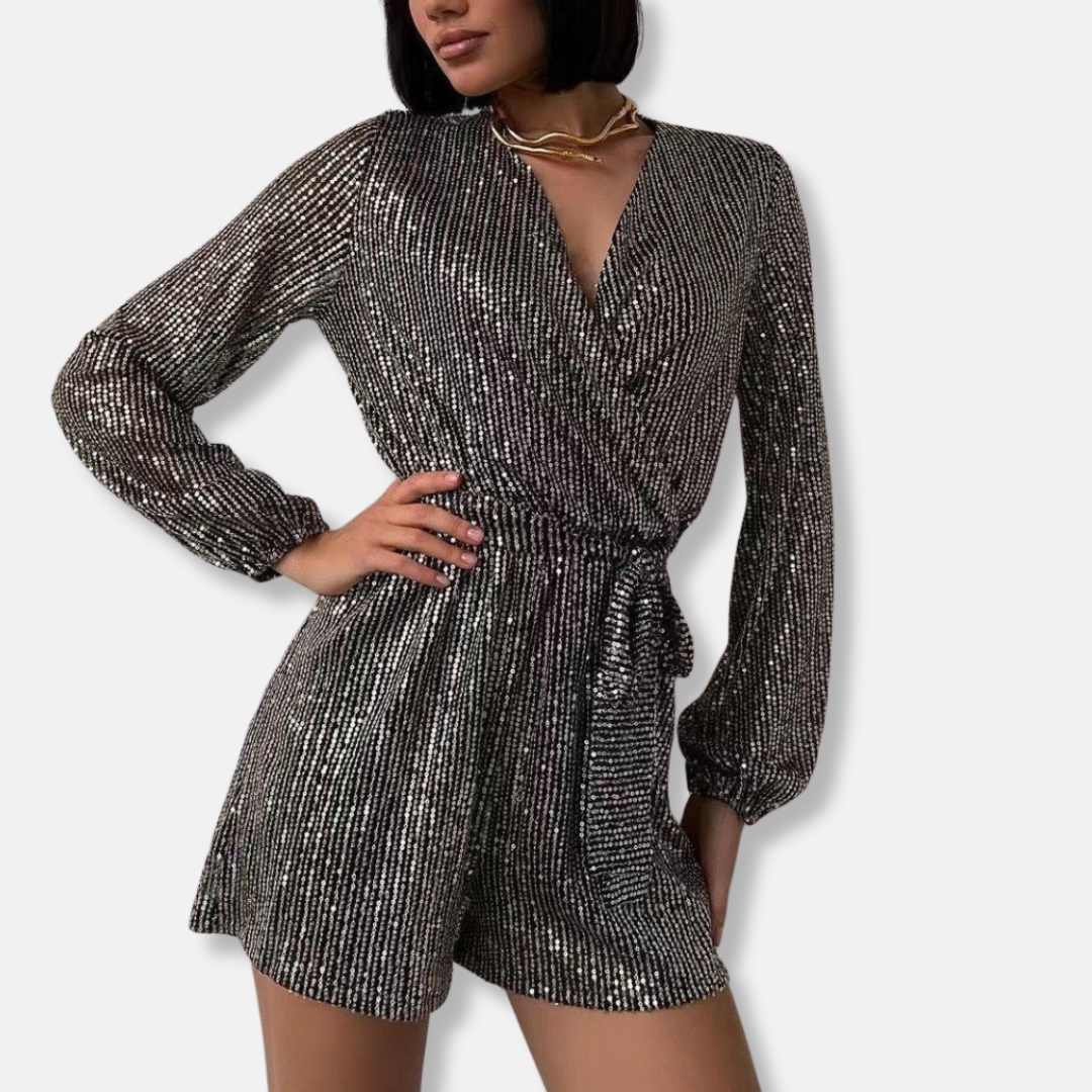 Silver sequined wrap mini dress with balloon sleeves and self-tie waist for party nights