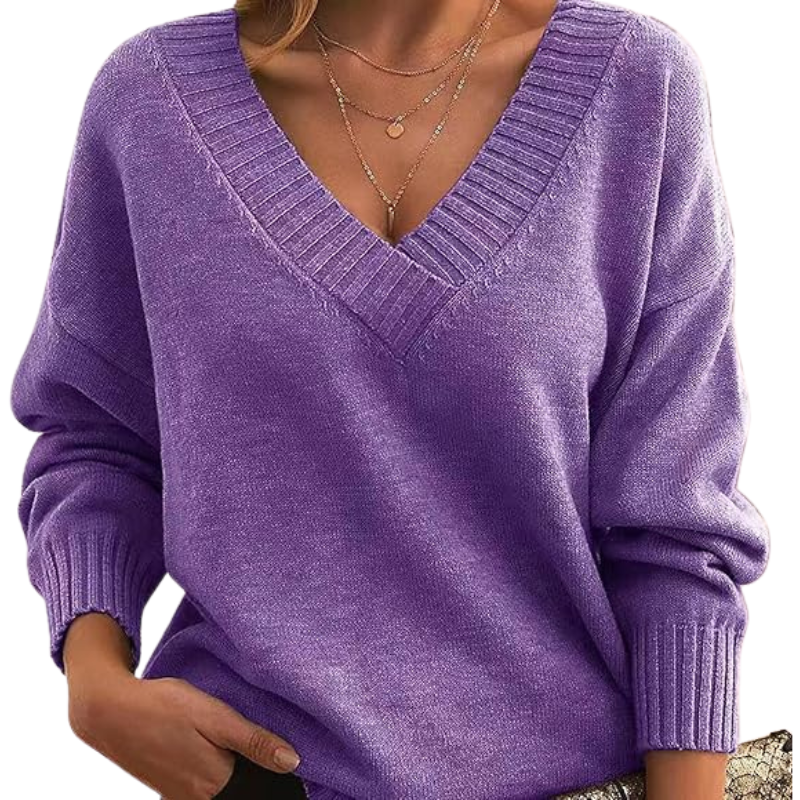 Women's beige relaxed-fit V-neck wool blend sweater with cozy turtleneck layering detail