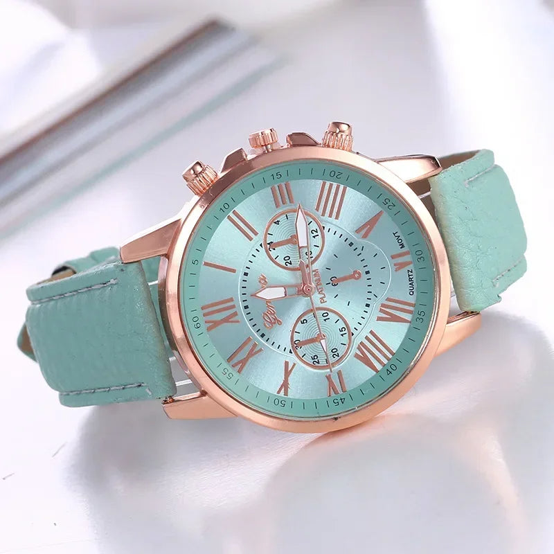 Geneva women's chronograph watch bold color dial gold case vibrant strap Roman numeral fashion timepiece