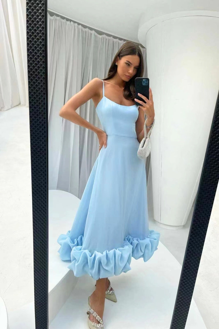 Women's spaghetti strap midi dress elegant fitted bodice flowing skirt with ruffled hem eveningwear