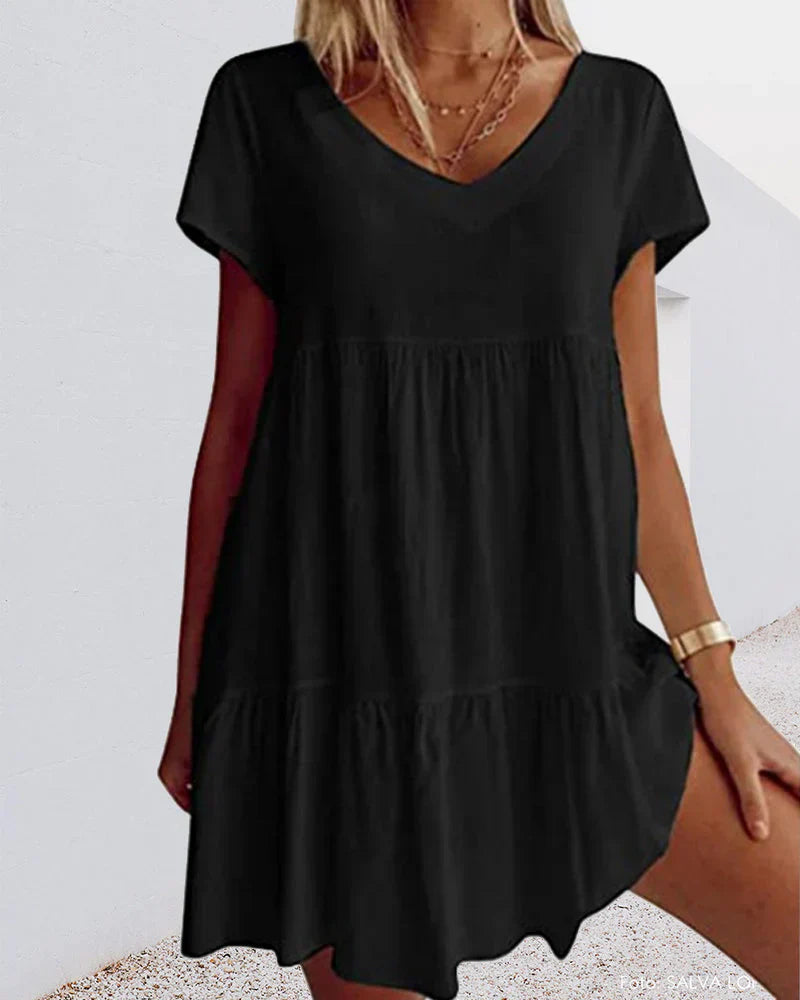 Women's casual cotton blend summer dress short sleeves ruffled detail lightweight feminine everyday wear
