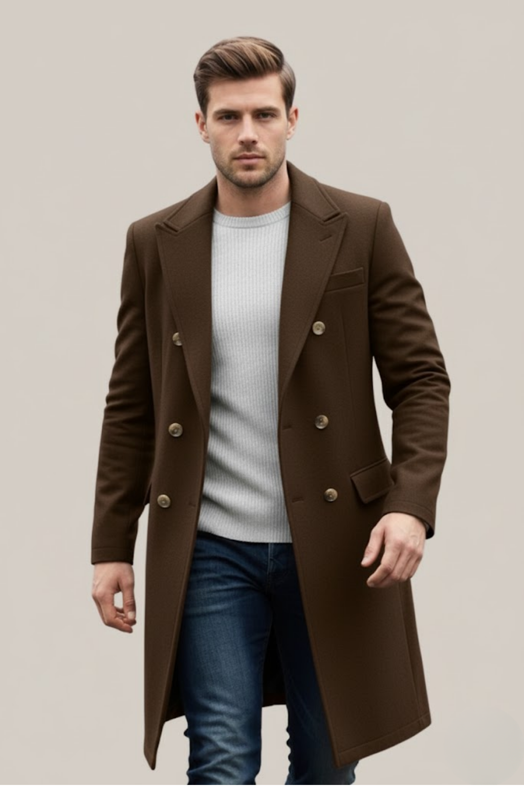 Men's dark double-breasted long coat tailored silhouette with structured lapels for formal wear