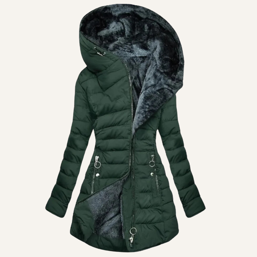 Black insulated puffer jacket with waterproof shell, quilted texture, and angled full-zip closure