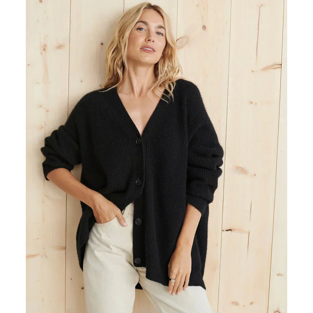 Women's long ribbed knit cardigan relaxed fit V-neck button closure versatile layering essential