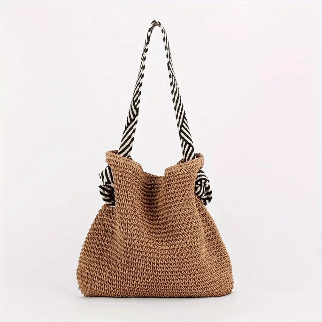 Caitlyn handwoven bohemian tote bag natural knit texture spacious interior magnetic closure eco-friendly