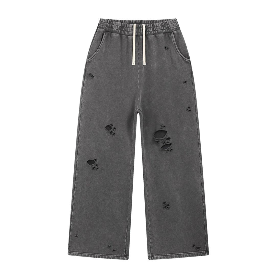 Men's gray distressed cotton sweatpants relaxed wide-leg fit with elastic drawstring waist