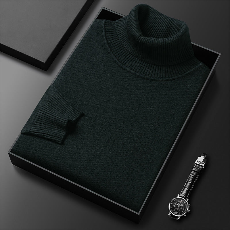 Men's lightweight cashmere blend turtleneck sweater with structured neckline, slim fit cold-weather essential