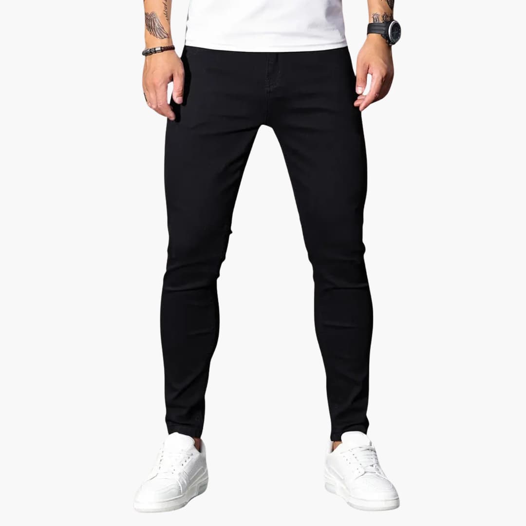 Men's skinny slim fit tapered leg denim jeans mid-rise with hidden zipper closure