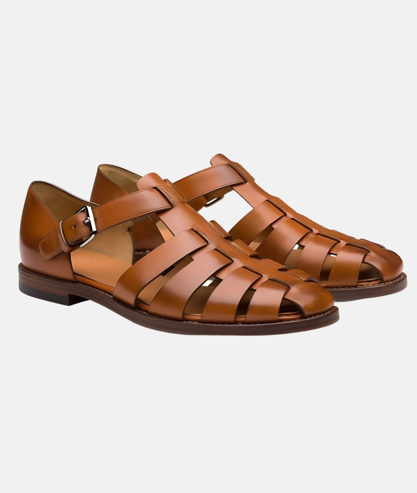 Men's brown leather closed-toe sandals with woven straps and side buckle for summer style