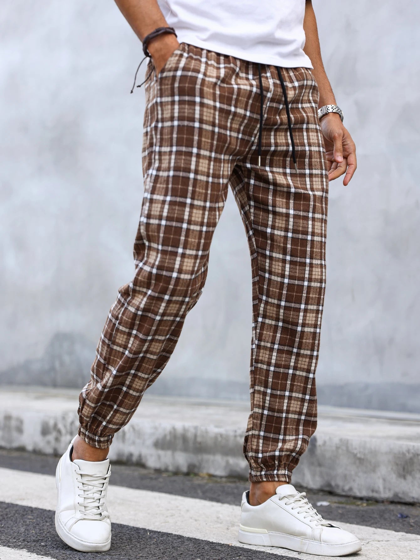 Men's gray plaid tapered jogger pants in ultra-soft brushed cotton with drawstring waist