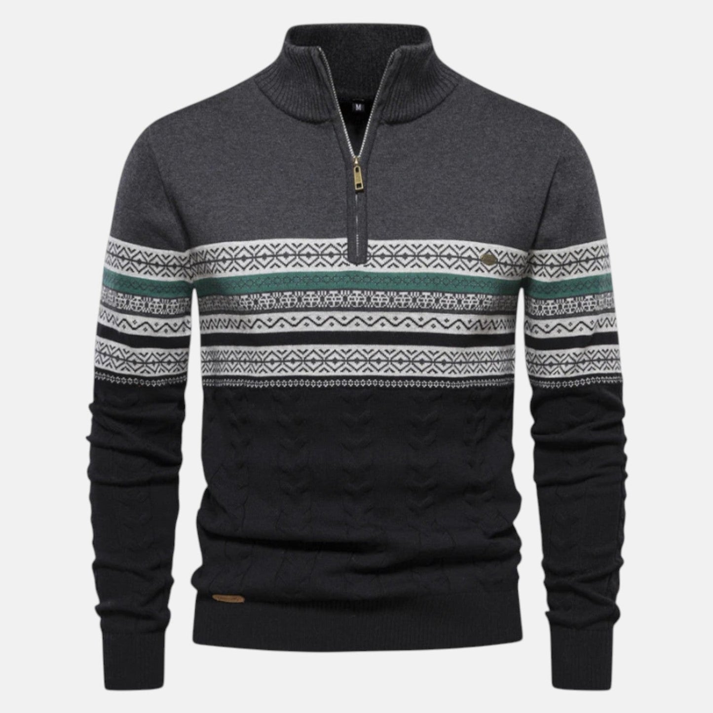 Men's cotton winter sweater in retro knit pattern with stand-up collar for cozy cold-weather style
