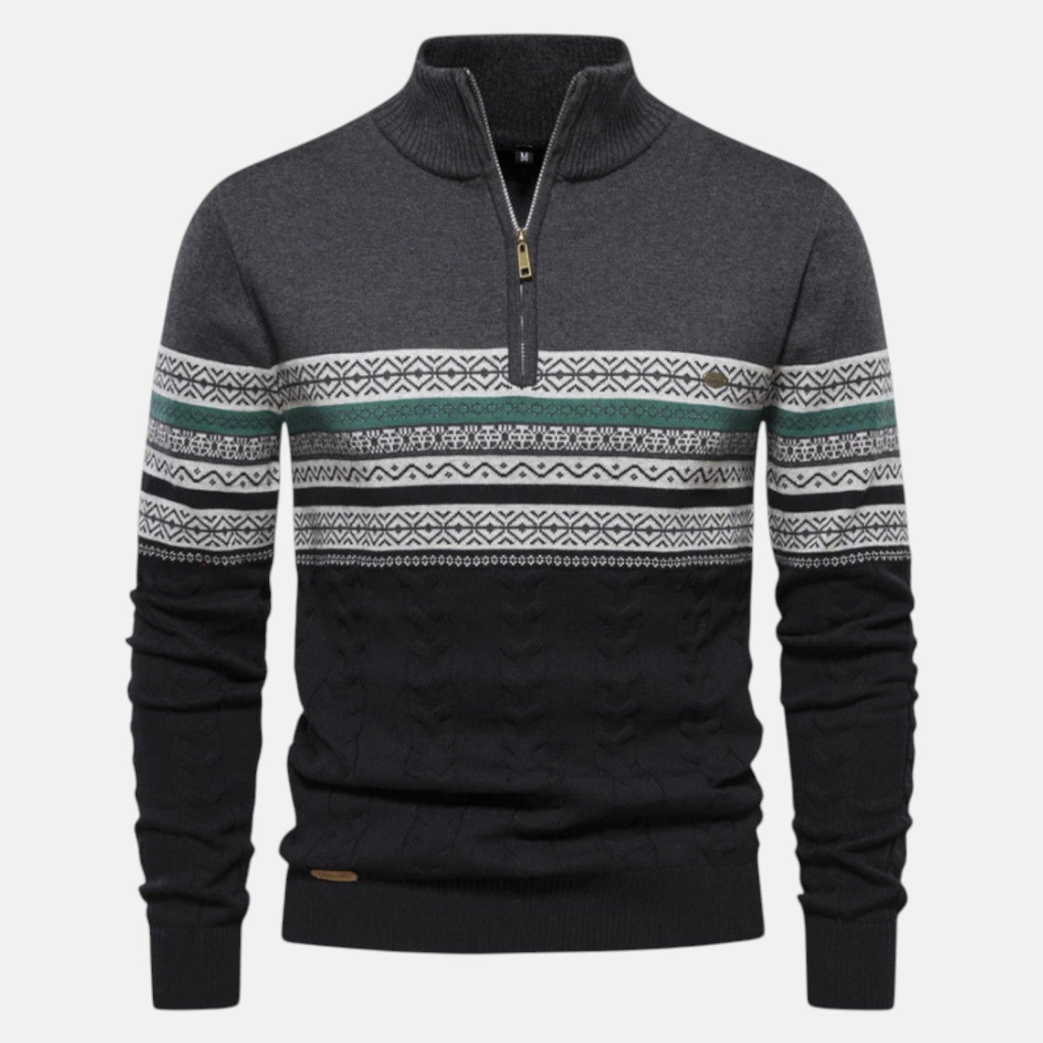 Men's cotton winter sweater in retro knit pattern with stand-up collar for cozy cold-weather style