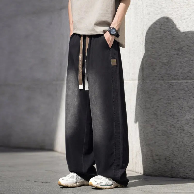 Unisex washed denim wide-leg jeans with elastic drawstring waistband streetwear relaxed fit