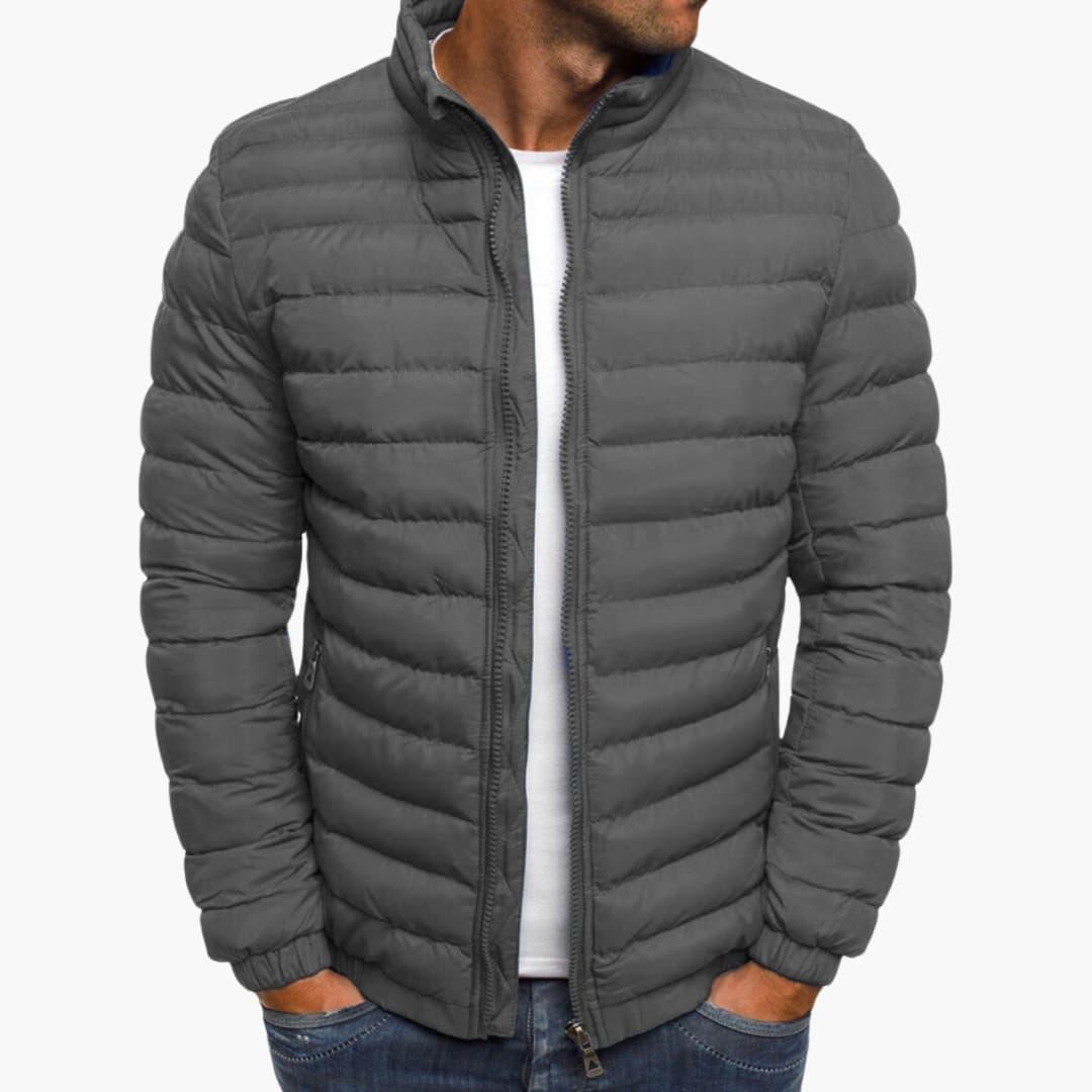 Men's black quilted zip-up padded jacket straight cut insulated for urban daily wear warmth