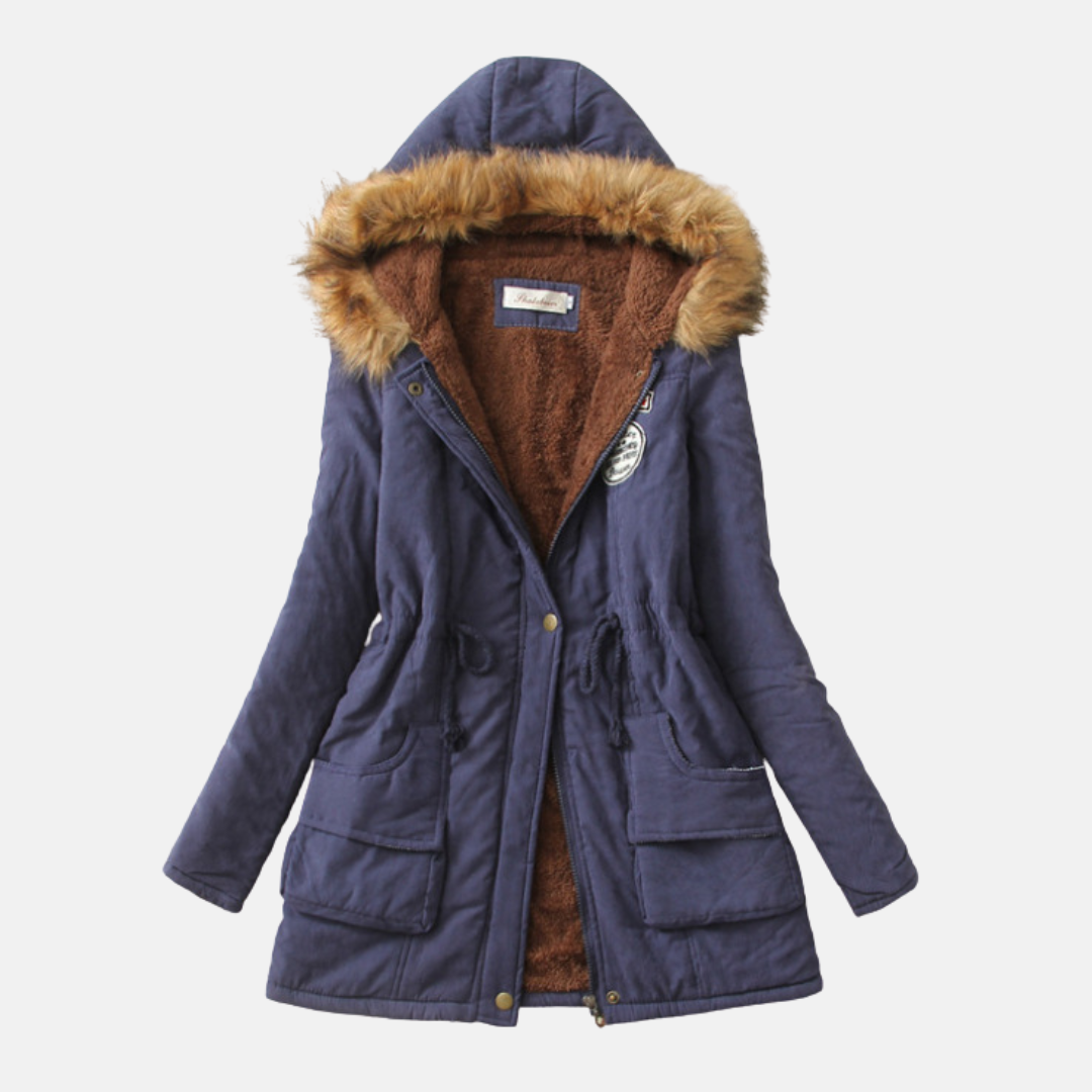 Women's tailored parka jacket fleece-lined with faux fur hood, zip closure, streamlined fit