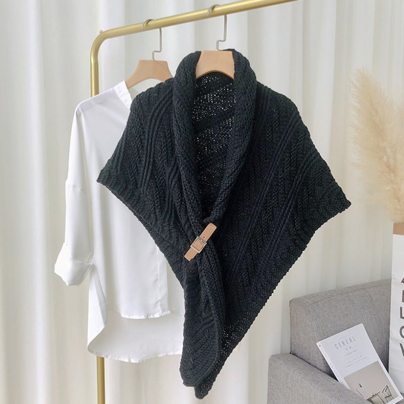 Women's triangle knitted cashmere-blend plaid shawl wrap with leather loop closure, cozy fall style