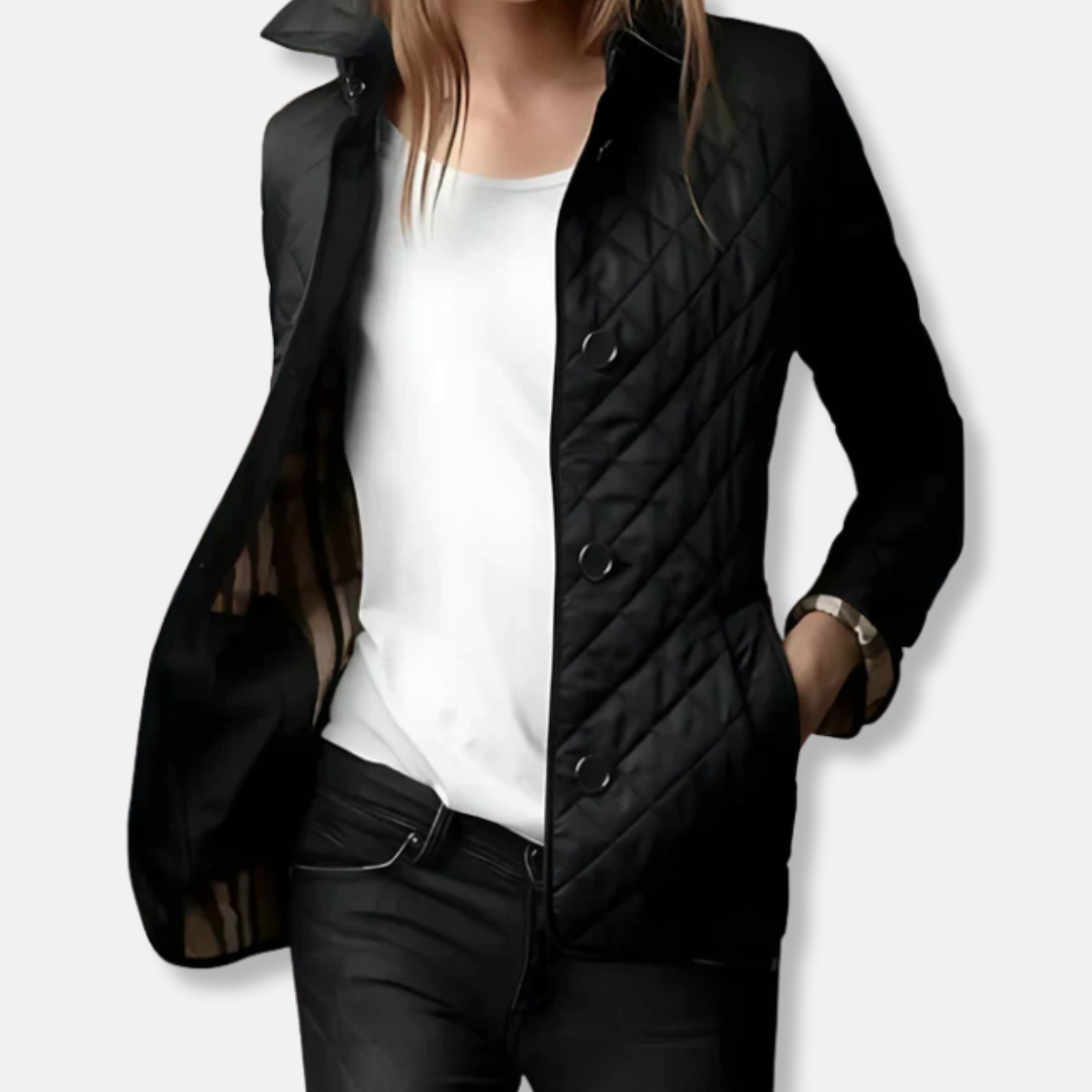 Women's quilted padded jacket tailored hip-length fit button closure chic versatile layer