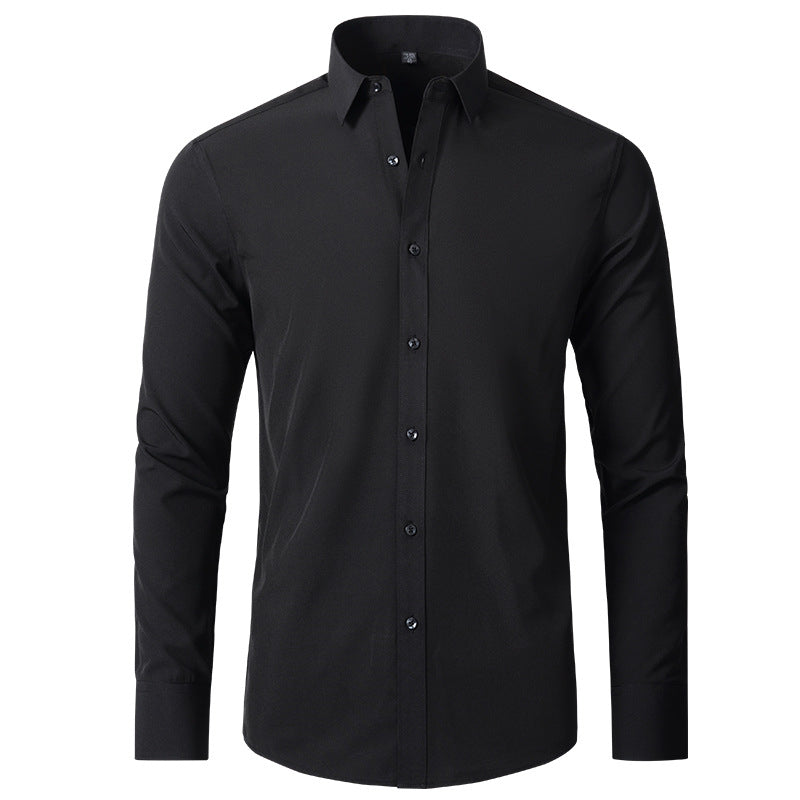 Men's white wrinkle-free stretch dress shirt with slim fit and easy-care professional finish