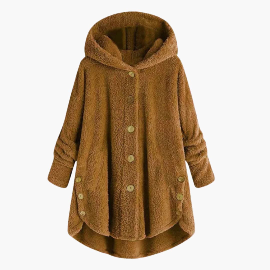 Women's hooded jacket button closure rounded hem versatile everyday layering piece neutral tone