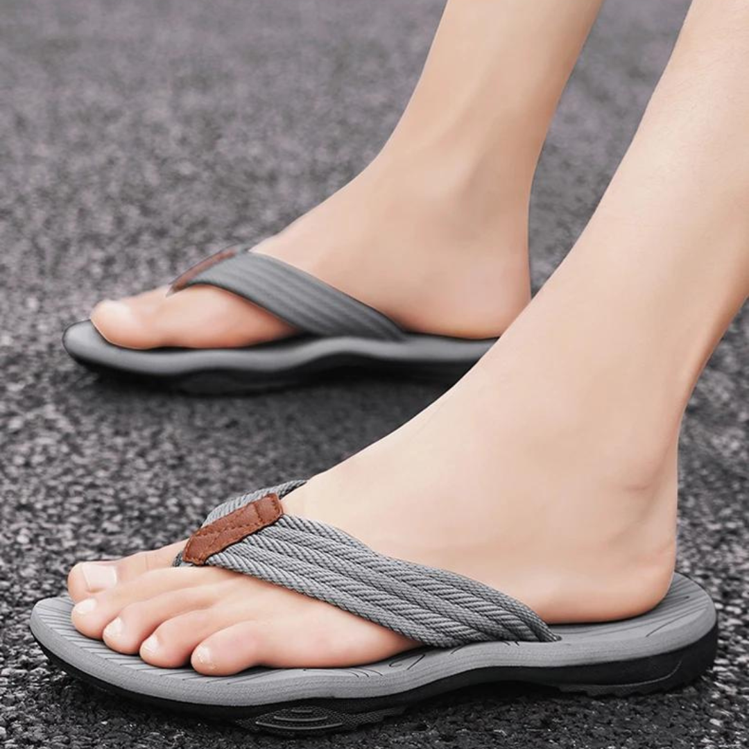 Men's ergonomic house slippers in neutral tones with breathable cushioned footbed for all-day support