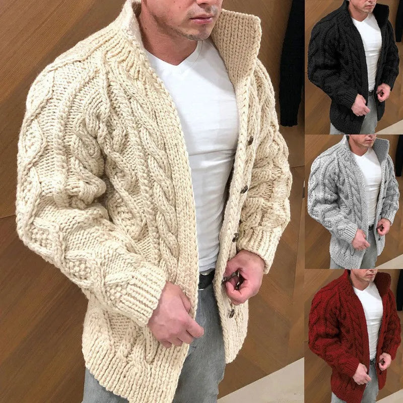 Men's thick cable knit cardigan with button closure, warm cozy chunky winter sweater in neutral tone