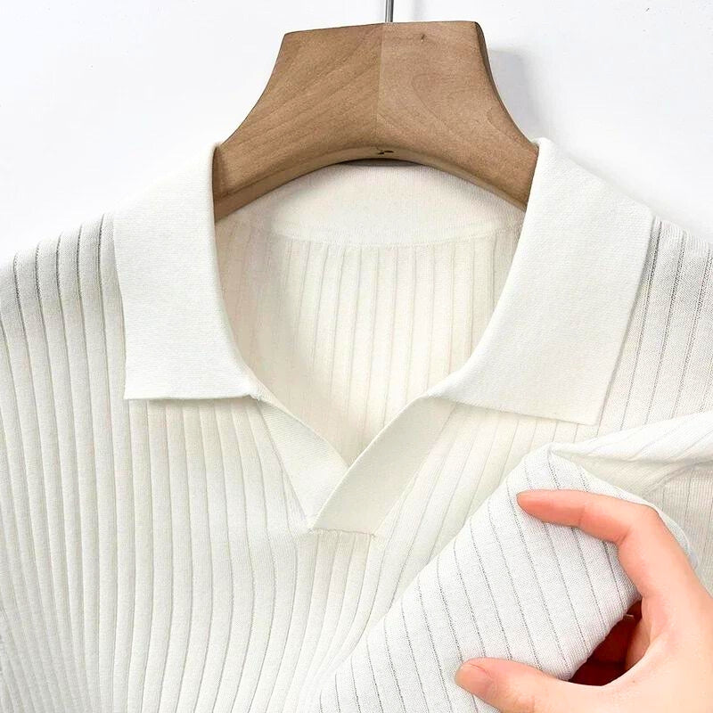 Men's classic fit ribbed knit polo shirt soft breathable fabric timeless casual style