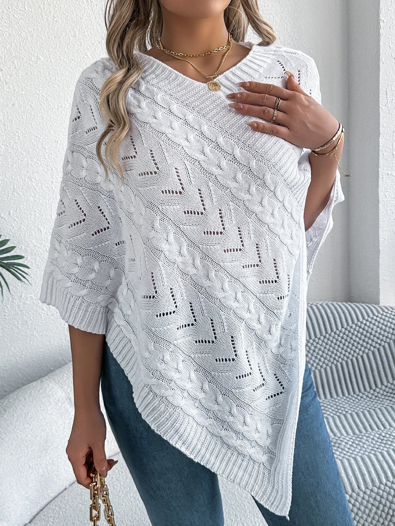 Women's cable knit sweater poncho asymmetric drape openwork pattern midweight acrylic blend