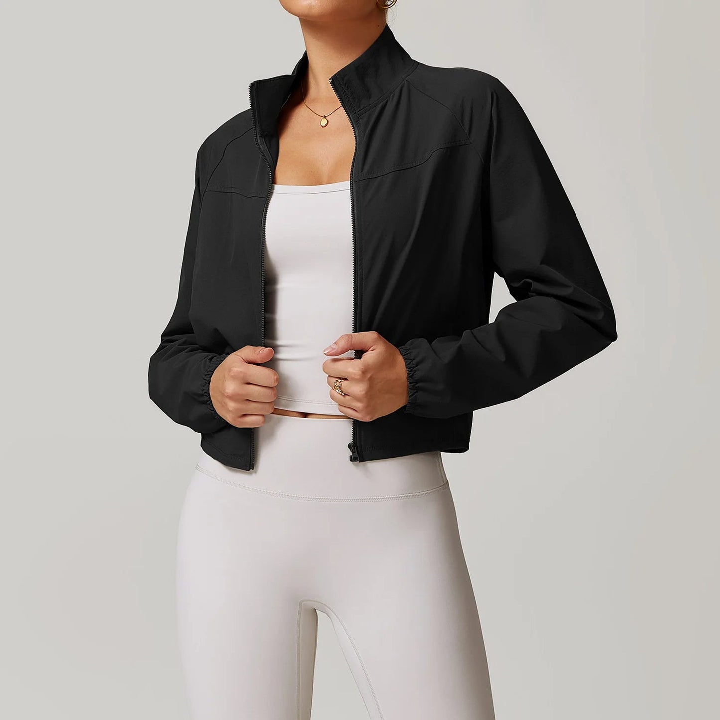 Lightweight black performance jacket tailored fit stand-up collar wind water resistant stretch woven