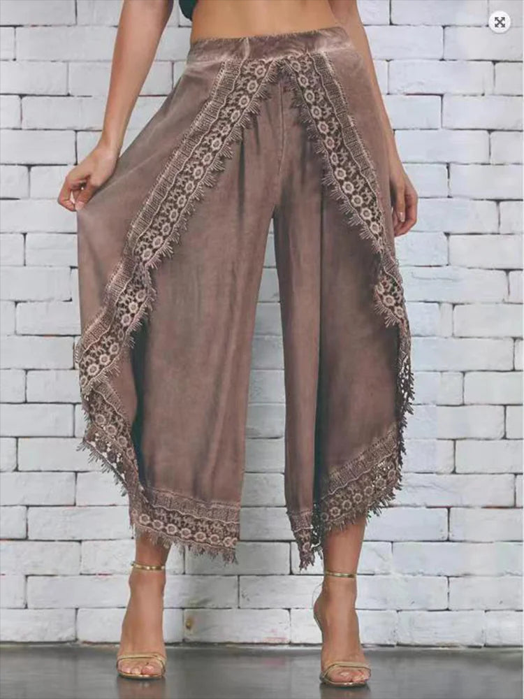 Women's wide leg trousers with floral lace panels, scalloped hem, lightweight cotton blend fabric