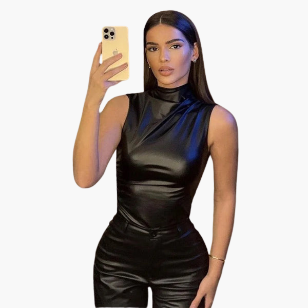 Women's sleeveless faux leather top, chic elegant design, lightweight everyday essential