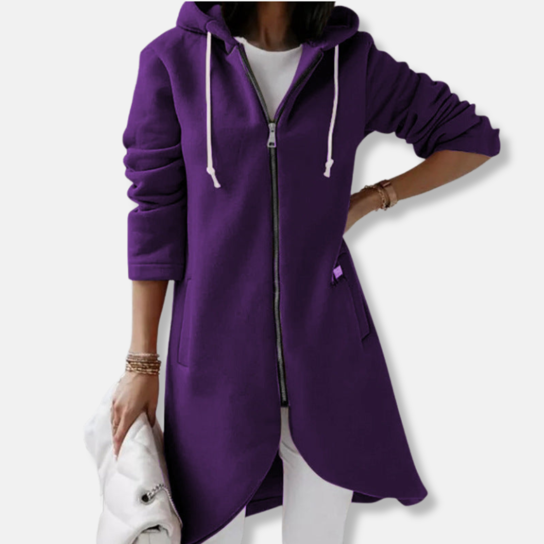 Women's relaxed fit mid-length sweatshirt jacket with drawstring hood and front zipper closure