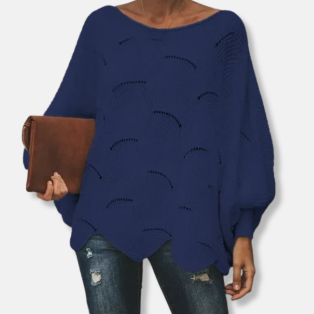 Women's relaxed-fit batwing sleeve open-knit sweater with boat neck and wavy hem