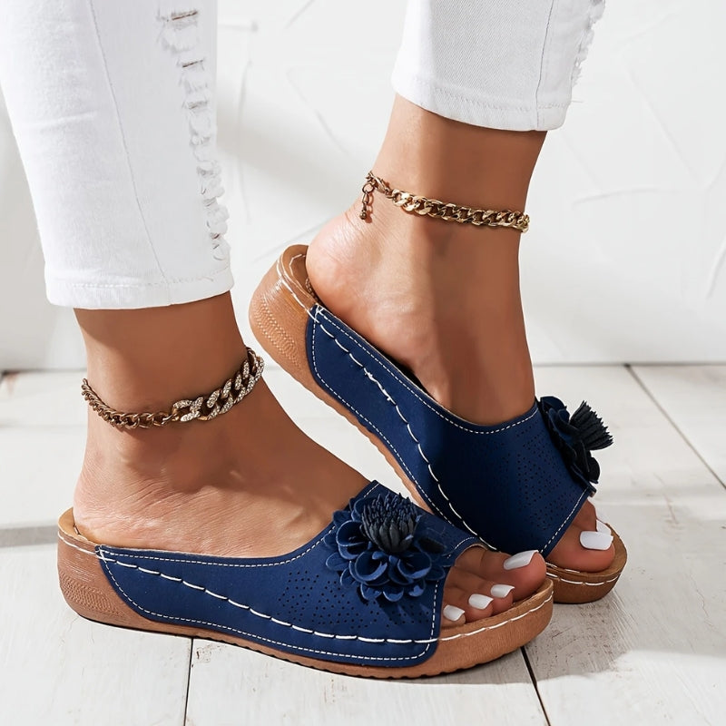 Flora | Women's Flower Wedge Sandals Slip On Open Toe Slides