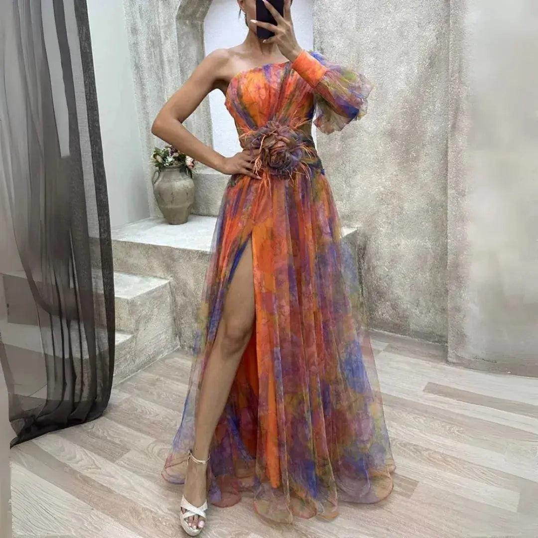 Isadora one-shoulder maxi dress watercolour tulle overlay dramatic thigh-high slit couture gown