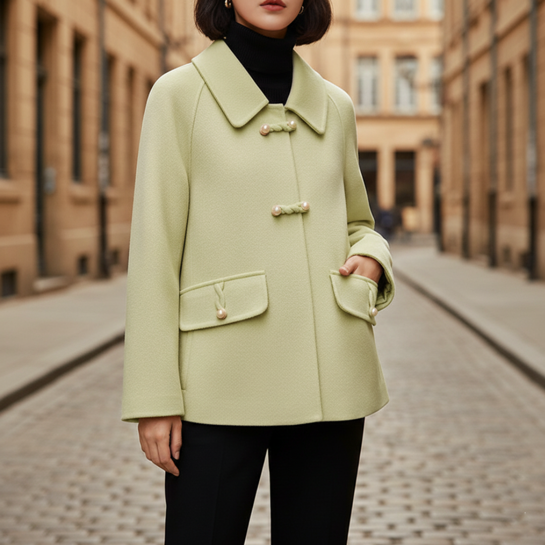 Women's short wool blend jacket tailored fit Peter Pan collar pearlized toggles classic style