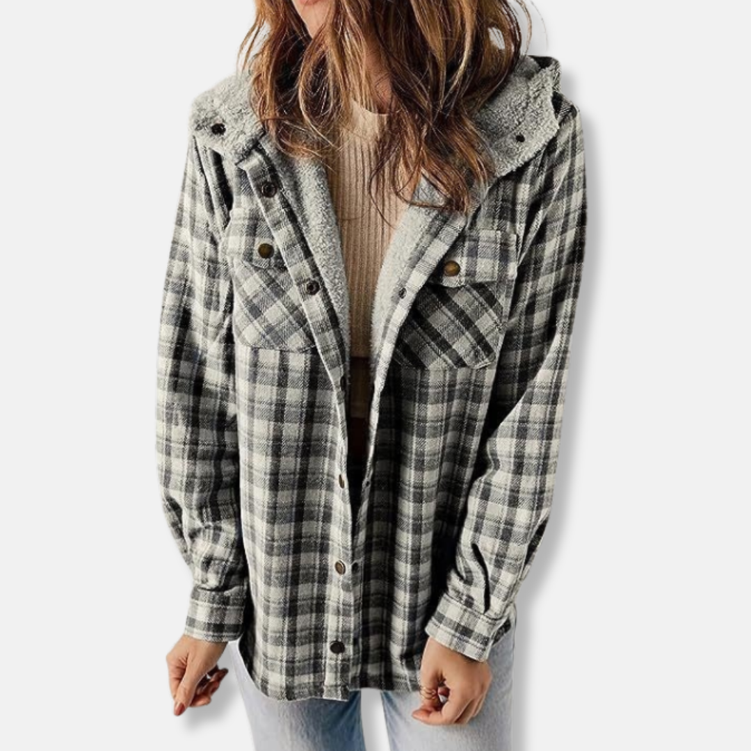 Women's relaxed fit checkered hooded shirt jacket with pockets in classic plaid pattern