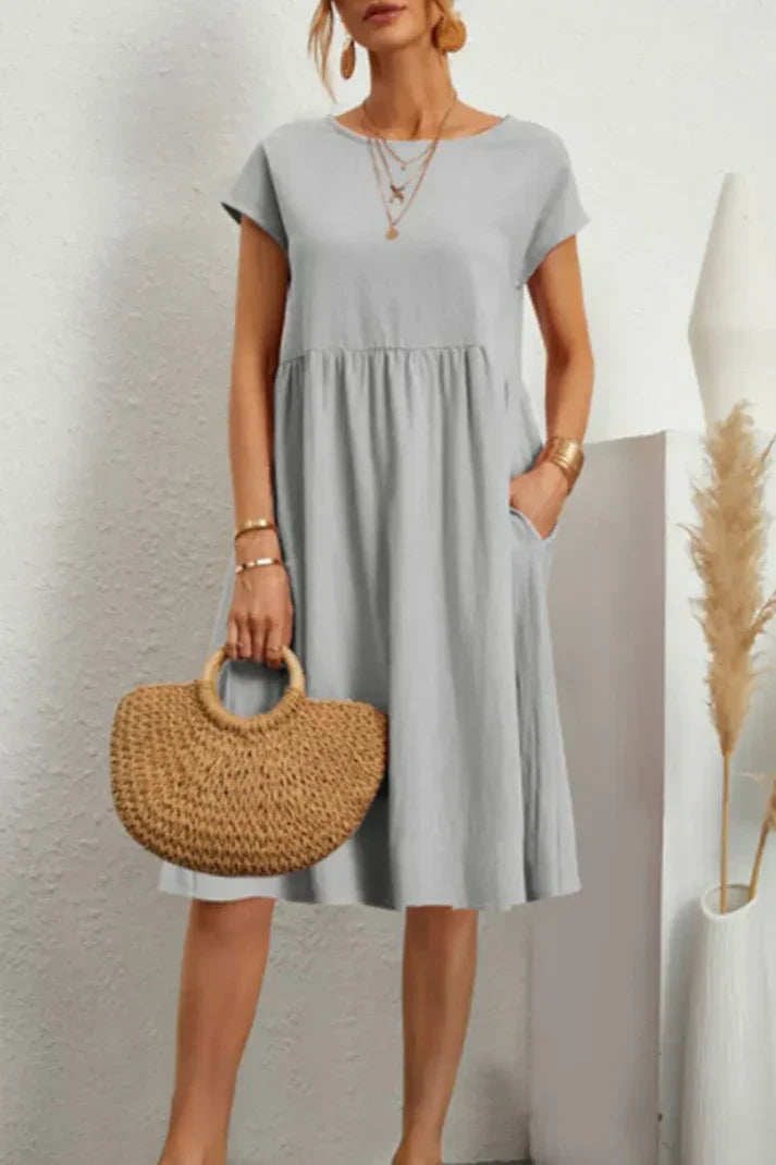 Melanie women's casual plain-colored short-sleeve dress with classic round neck for everyday wear