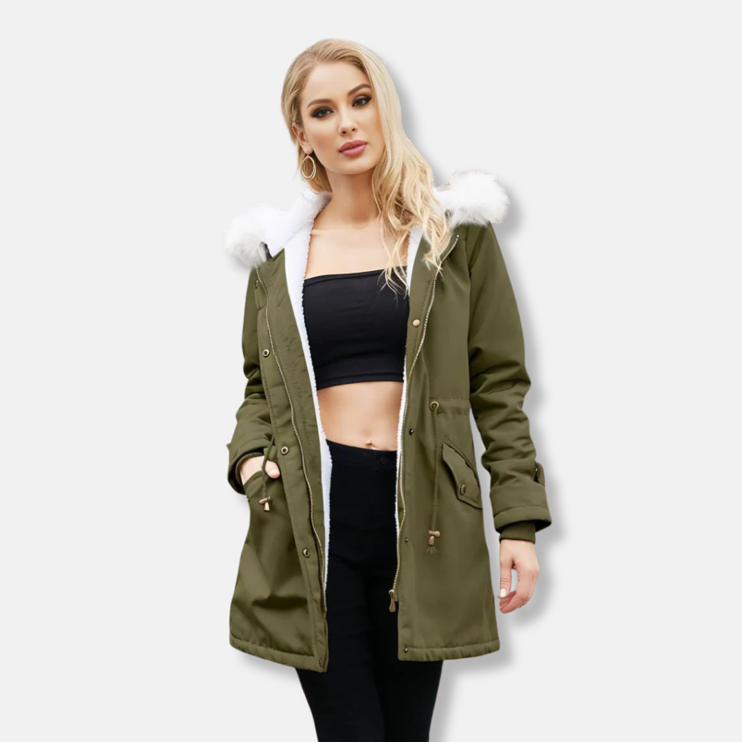 Women's winter parka jacket relaxed mid-thigh fit with detachable faux fur trim, smooth woven shell
