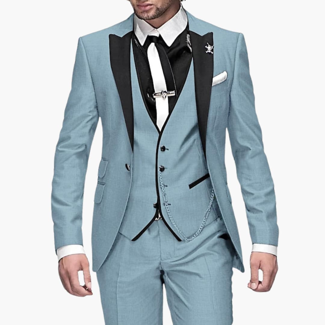 Men's gray three-piece suit set notched lapels waistcoat jacket trousers elegant formal wear