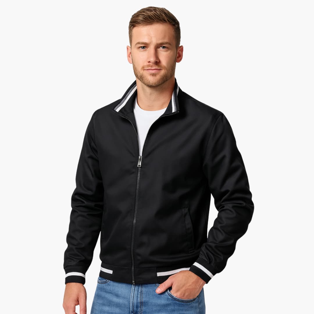Men's bomber jacket stand-up collar full-zip striped ribbed hem casual versatile everyday wear