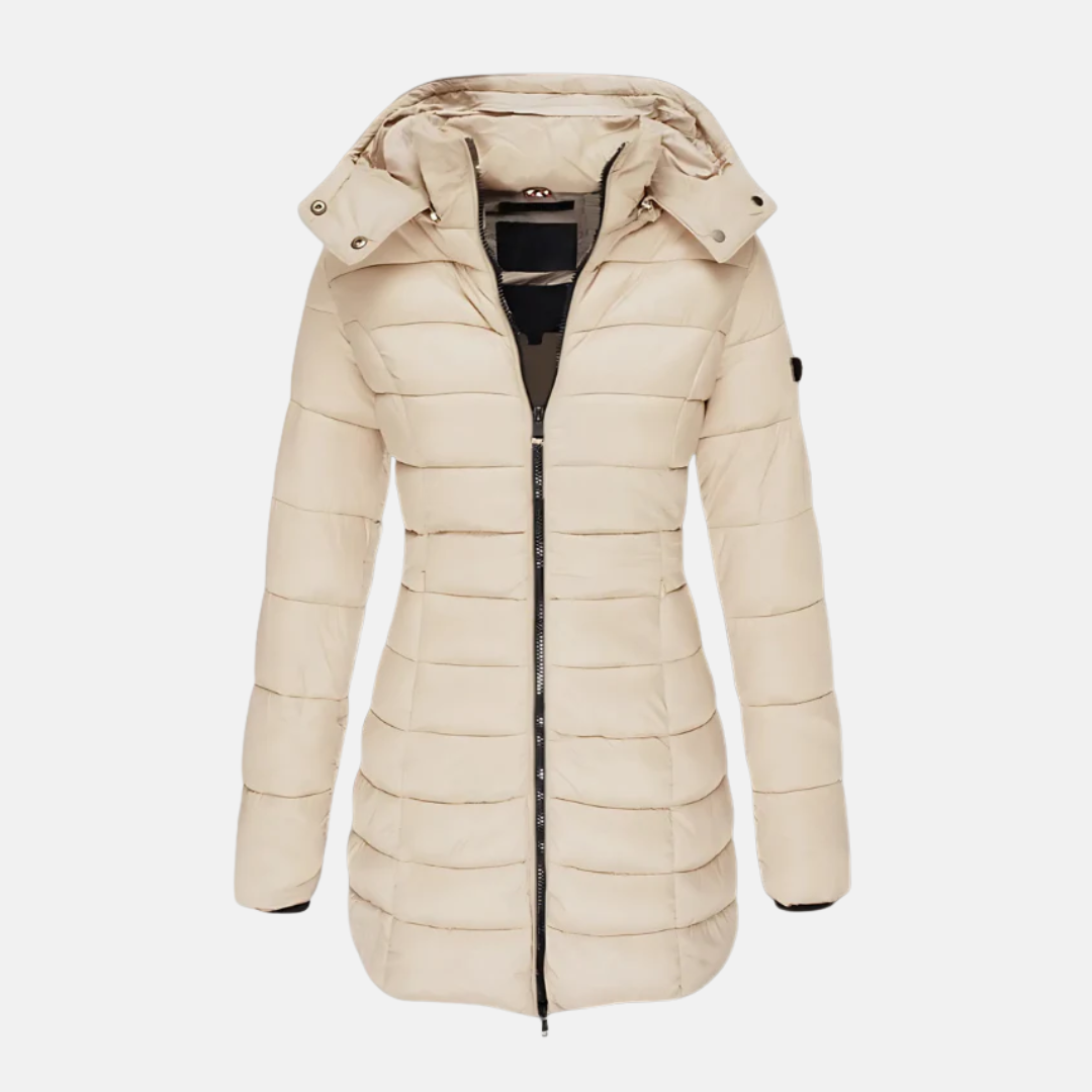 Women's slim-fit mid-length black puffer coat with integrated hood and ribbed cuffs